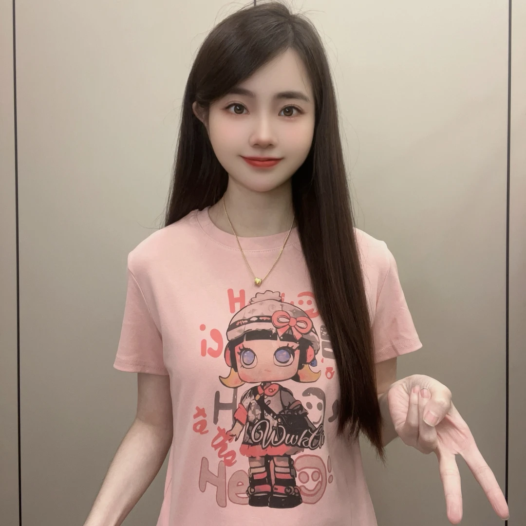 泡泡女孩 2025夏季新款圆领短袖T恤百搭显瘦上衣女时尚休闲印花