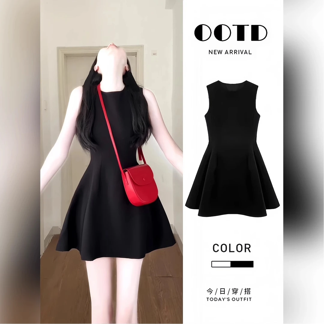 黑色连衣裙女含棉亲肤透气掐腰显瘦赫本风小黑裙子夏季短裙高级感