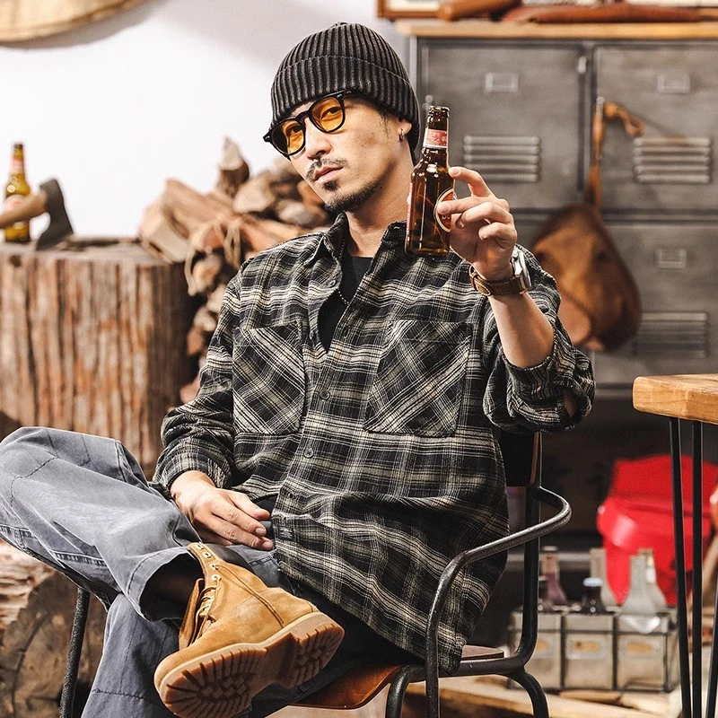 美式复古加绒衬衣外套男大码格子衬衫男长袖秋冬款高级感宽松上衣