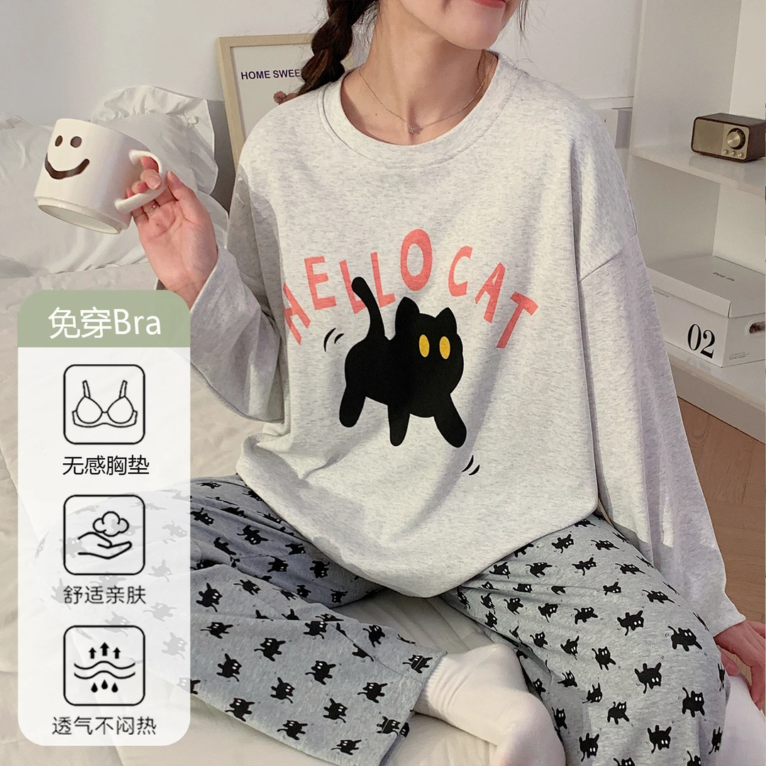 睡衣冬款女居家可外穿自带胸垫日系卡通长袖长裤两件套春秋家居服