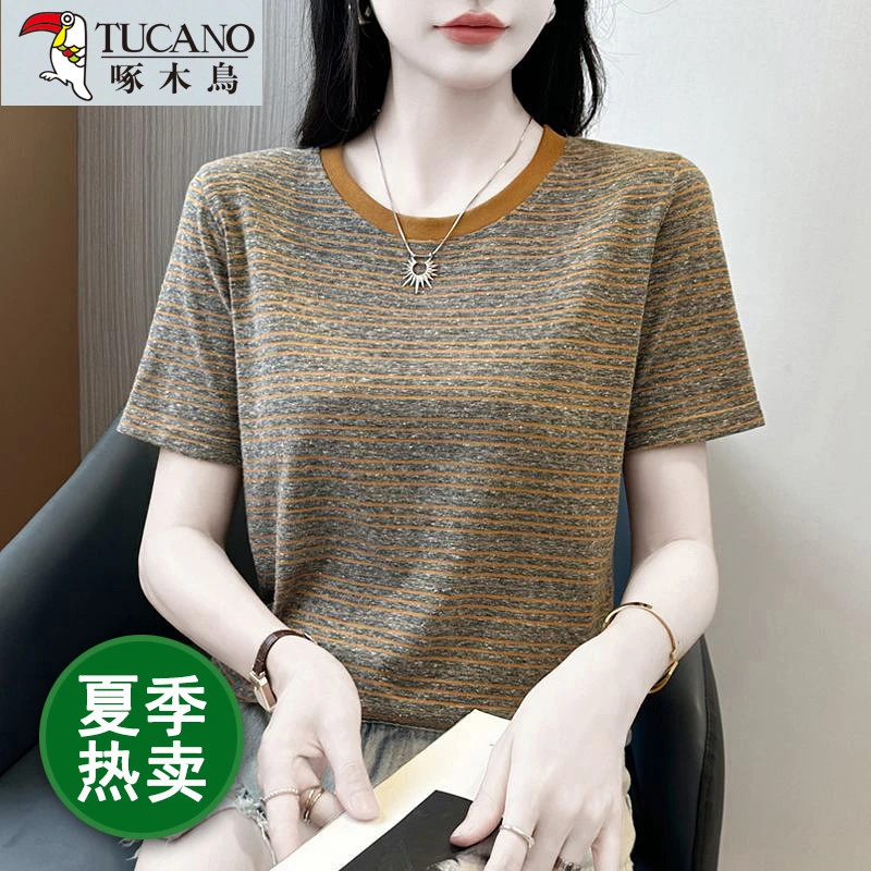 啄木鸟夏季新款条纹显瘦圆领套头上衣时尚有型百搭透气短袖T恤女