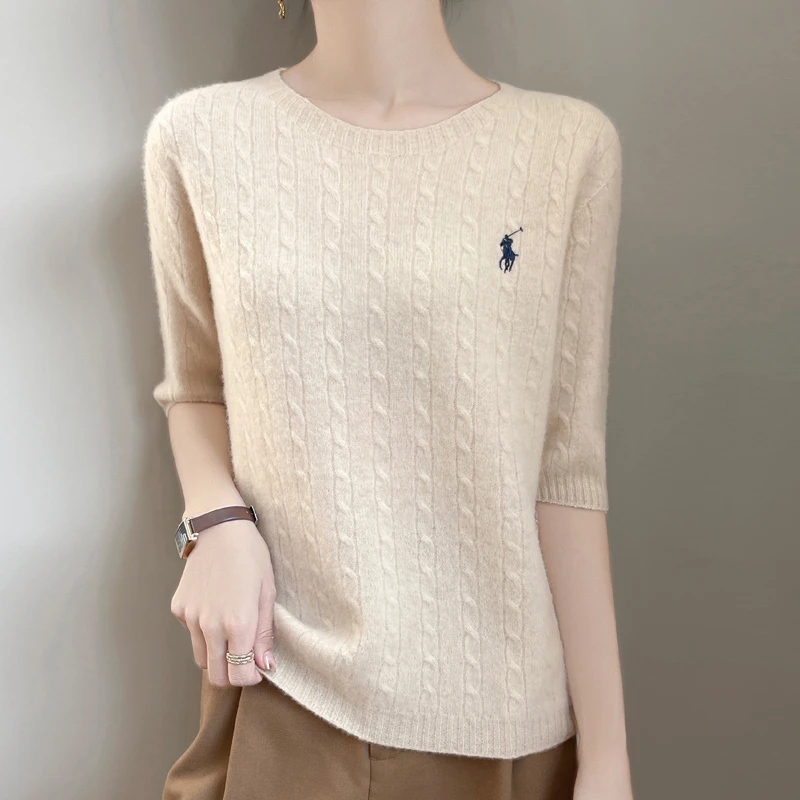 五分袖25年秋冬女士针织衫宽松百搭刺绣精纺羊毛针织衫