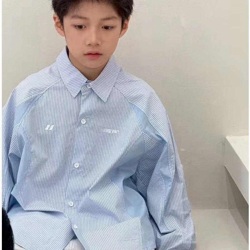 儿童长袖衬衫秋季新款中大童条纹韩版童装拼接时尚宽松衬衣男童潮