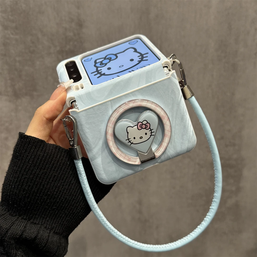 适用华为purax折叠屏手机壳蓝色皮纹pocket2爱心kt猫折叠磁吸支架