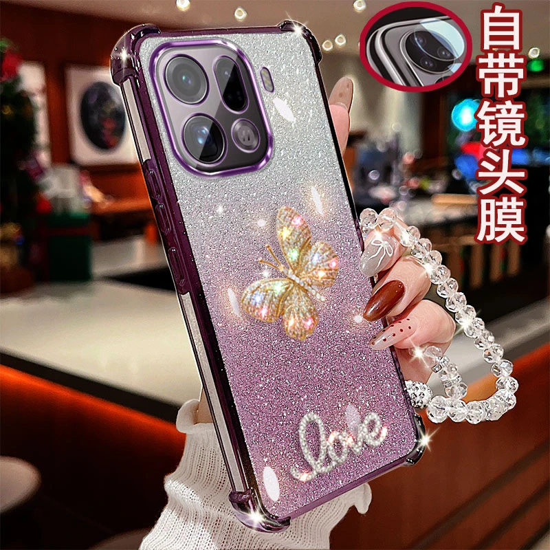 适用oppo findx9pro手机壳PLG110镶钻彩蝶四角气囊防摔套全包网红