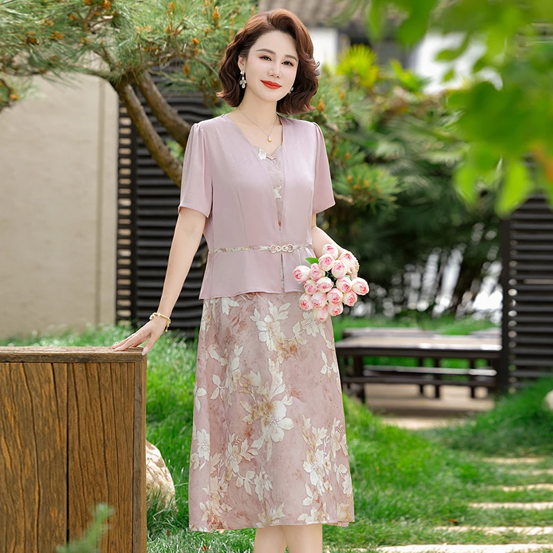 妈妈装新款夏季连衣裙假两件气质高贵优雅显高显瘦中老年穿搭洋气