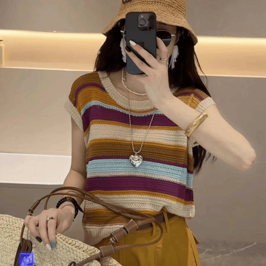 条纹百搭夏季短袖薄款女毛针织衫圆领复古撞色设计感