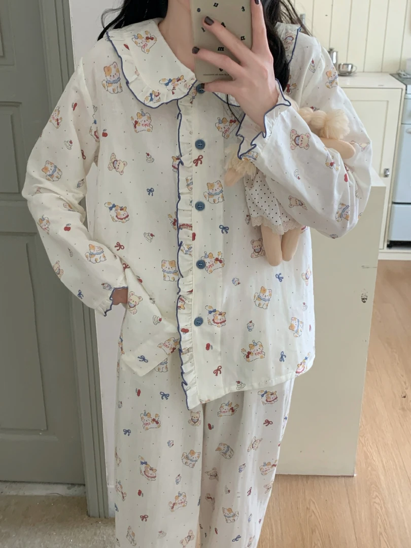 100%纯棉纱布睡衣女款春秋季ins风可爱小猫长袖显白可外穿家居服