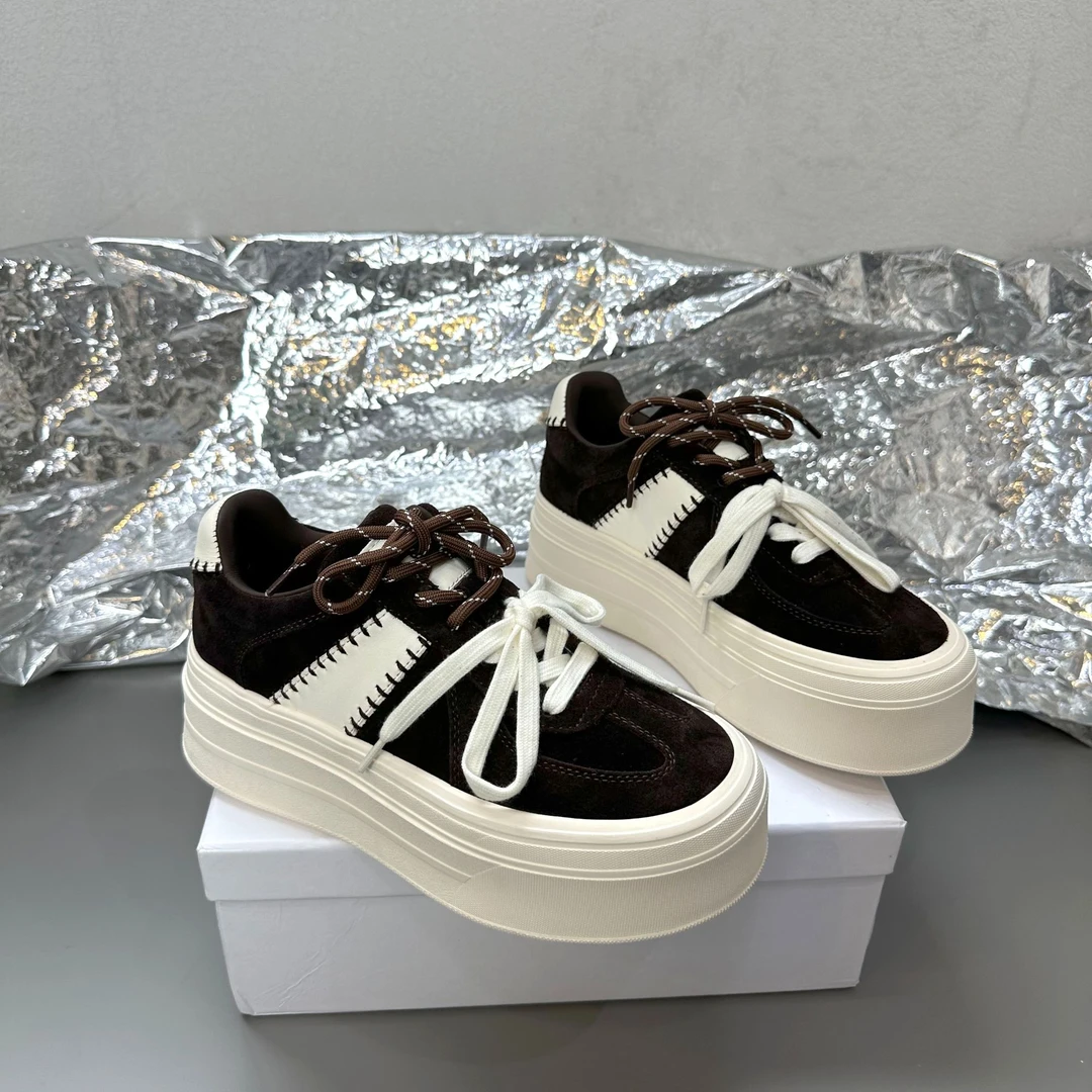 欧洲站女鞋2025秋新款欧货真皮系带厚底板鞋拼色百搭德训鞋潮