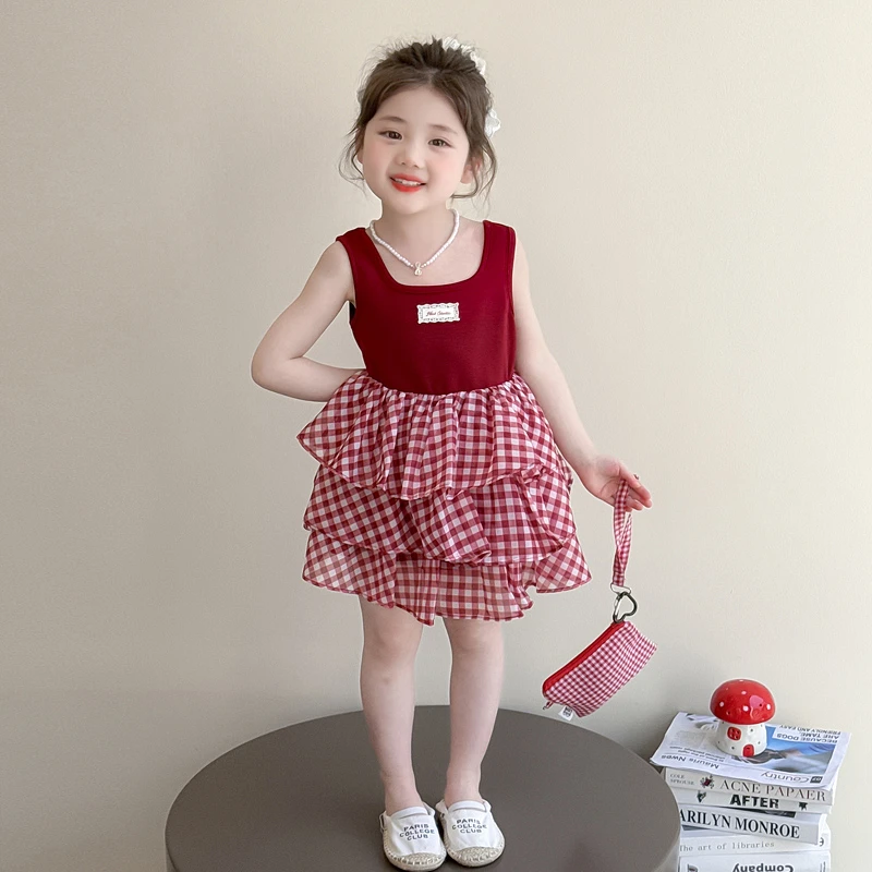 女童夏季连衣裙2025新款儿童洋气时髦公主裙宝宝拼接格子背心裙子