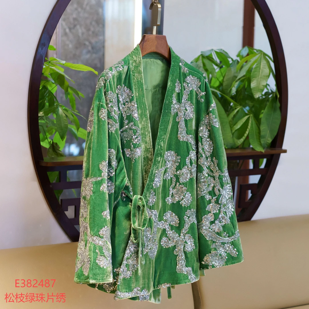 【锦系~新款】真丝丝绒新中式国风桑蚕丝V领斜襟长袖外套E-382487