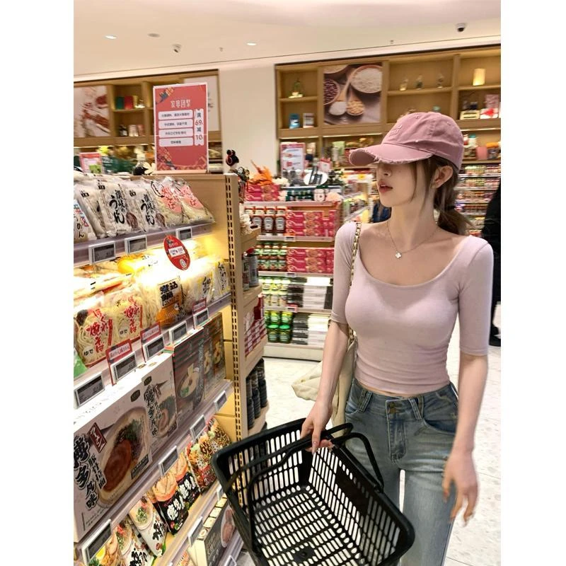 时尚美式中袖双U领短袖T恤女春夏季修身短款体恤辣妹百搭低领上衣