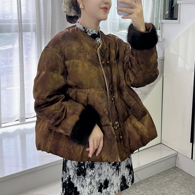 水貂毛拼接白鹅绒女短款2025冬季新款轻奢新中式羽绒服小个子外套