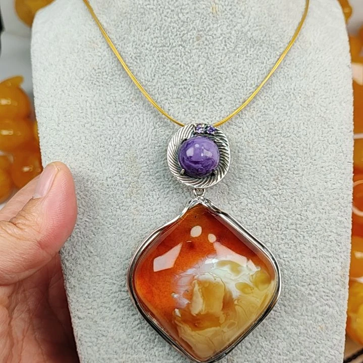 蜜蜡吊坠(赠链)银S925镀金镶嵌