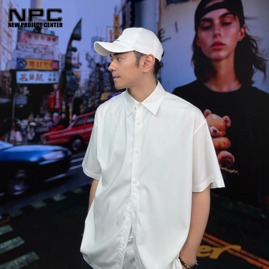 NPC潮牌金线字母logo刺绣抖抖翻领短袖衬衫男落肩抗皱NP53SH05