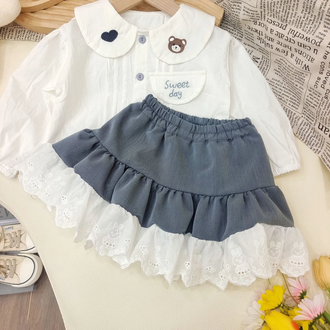 J 春款上新女童洋气娃娃领蕾丝拼接裙套装百搭甜美可爱两件套C36