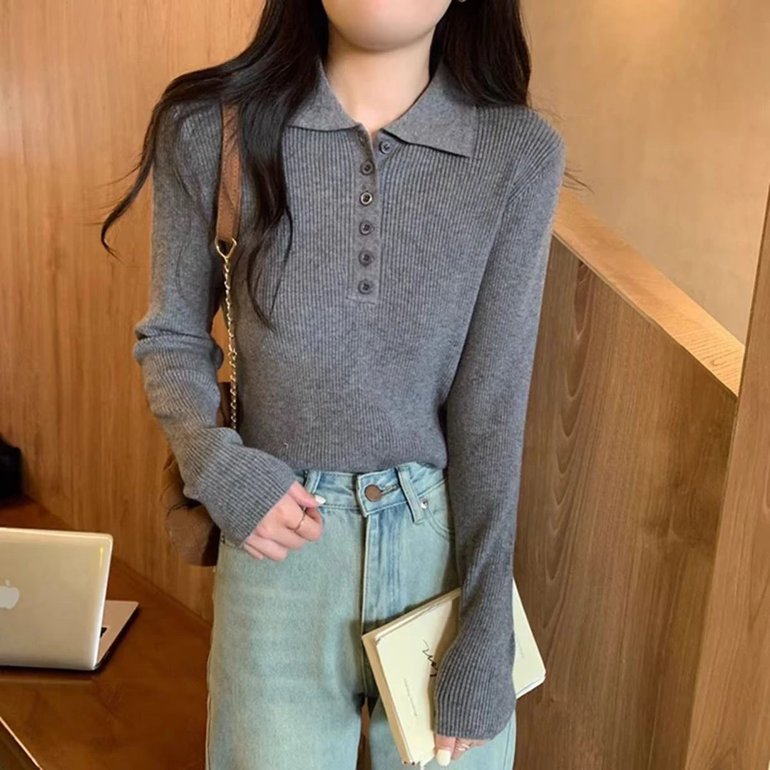 2024年新款秋冬季polo领长袖针织衫上衣女正肩修身显瘦打底衫毛衣