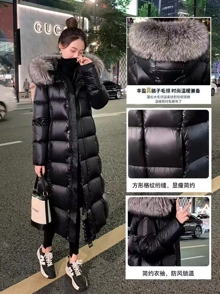 黑金鸭绒毛领羽绒服冬季显瘦过膝2025新款长款保暖修身加厚外套