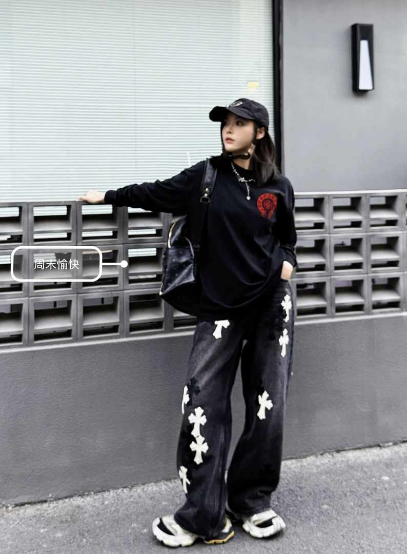 【钱老板】美式高街水洗十字架拼皮牛仔直筒裤EP2195