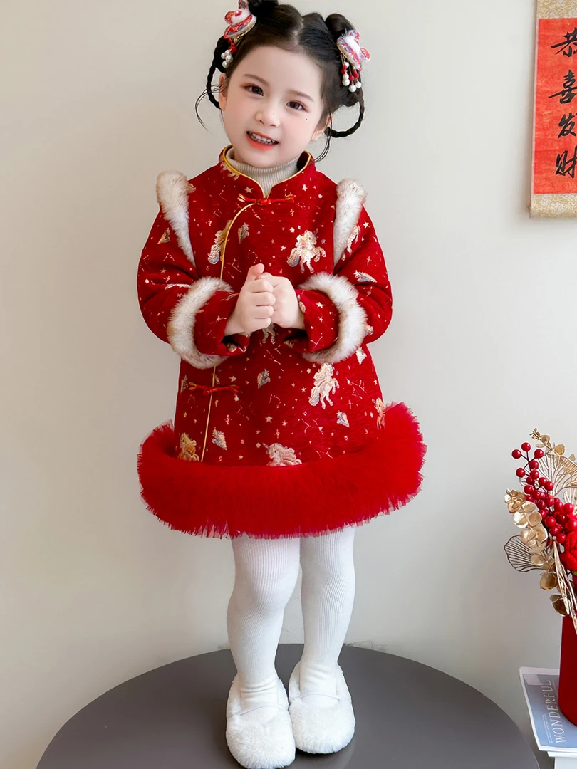 女童国风盘扣拜年服冬季2025新款儿童周岁礼服裙女宝宝汉服旗袍裙