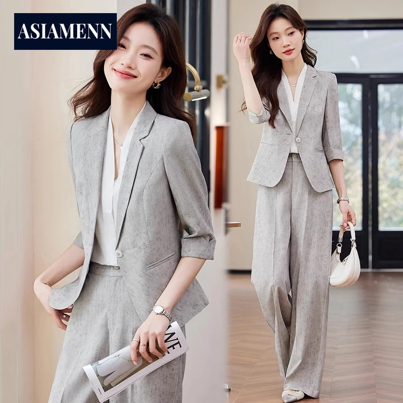 灰色七分袖西装外套女夏季高级感休闲时尚职业正装西服阔腿裤套装