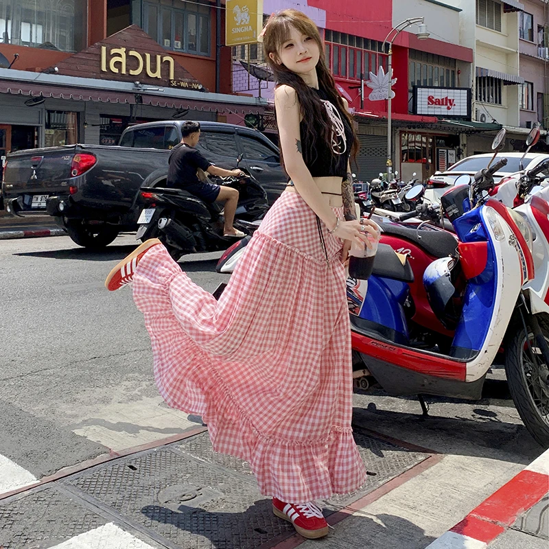 爆款韩系|欧尼粉色格纹拼 接设计宽松显瘦高腰半身长裙