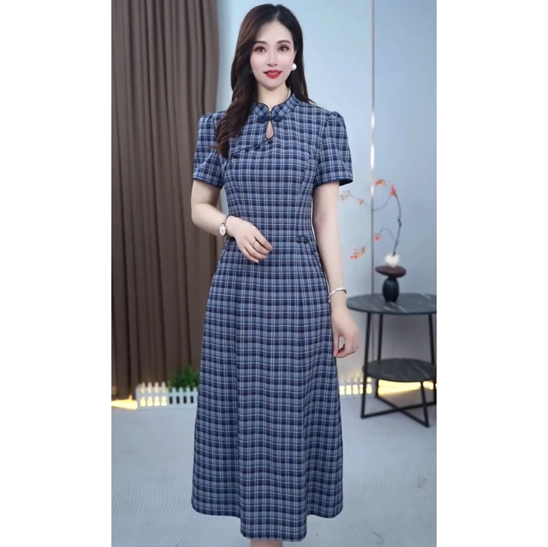 夏季轻薄款减龄收腰显瘦时尚妈妈装连衣裙中长款1962