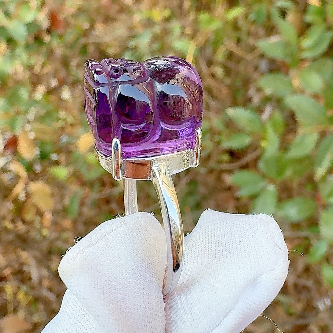 天然S925银镶全净体紫水晶貔貅戒指11.5*14.5毫米轻奢