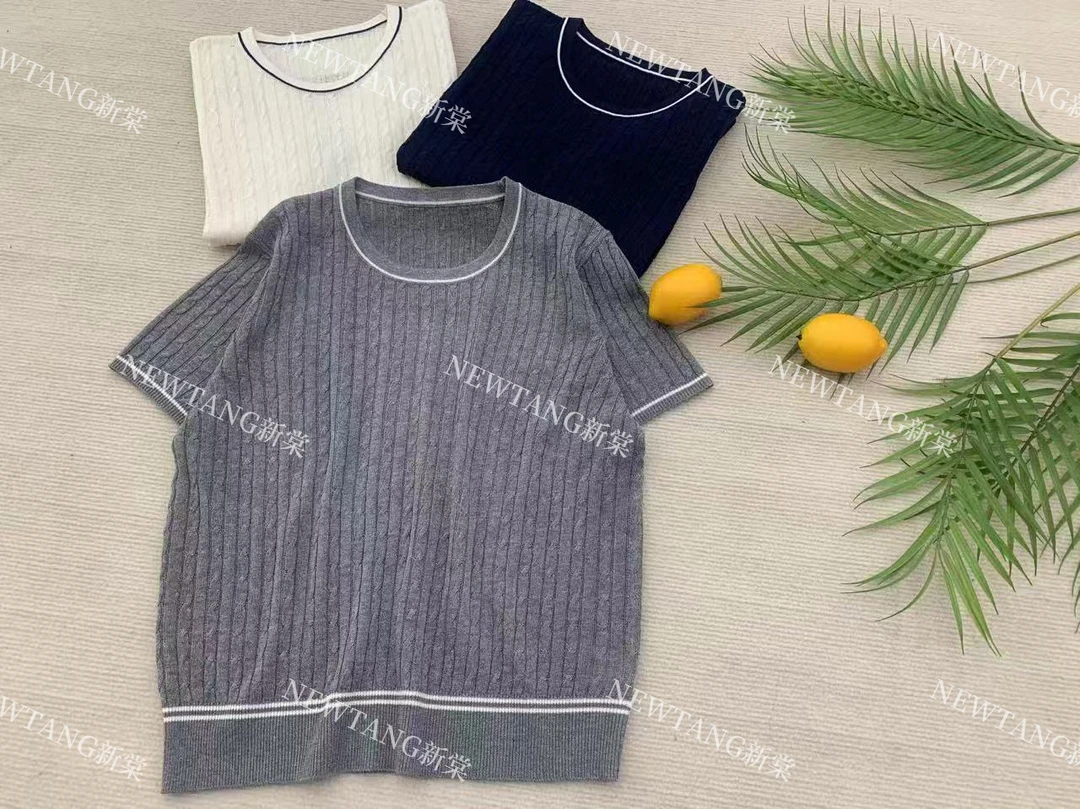 【重工绞花】235苎麻气质撞色边纯色圆领麻花透气显瘦短袖