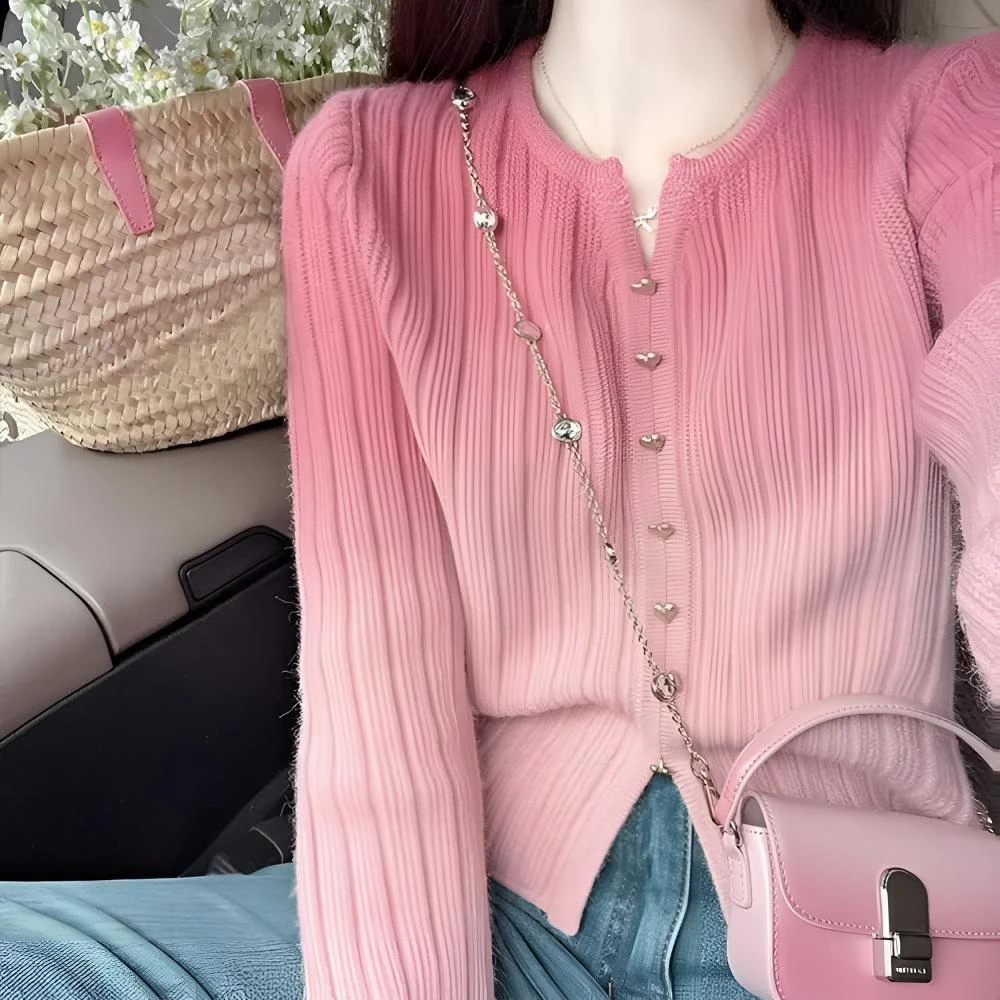 4312春秋新款爱心扣渐变色针织开衫上衣