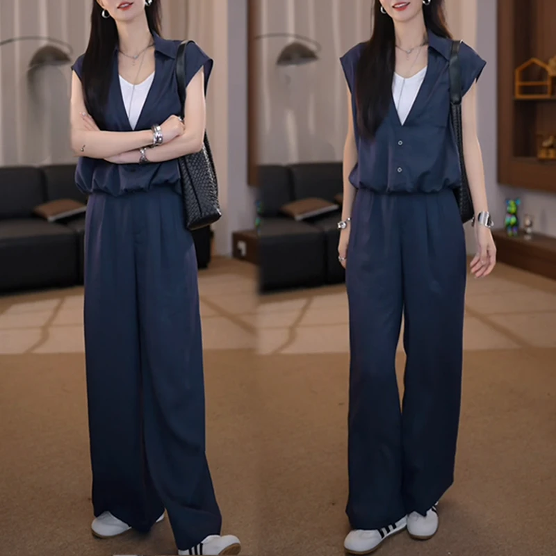 时尚休闲无袖衬衫阔腿裤两件套装女2025夏季新款气质穿搭一整套潮
