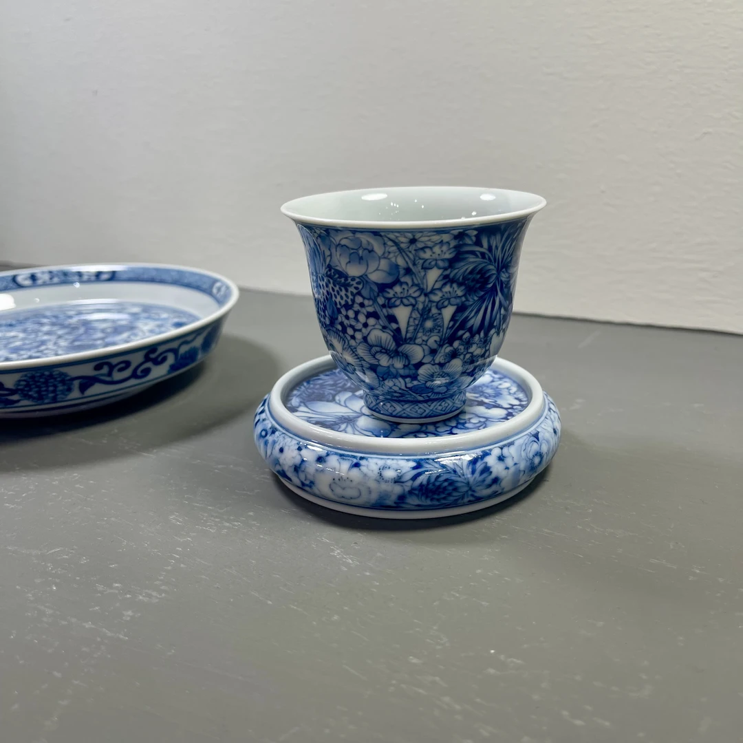 钟家窑 柴窑 纯手绘 青花 万花献瑞 杯