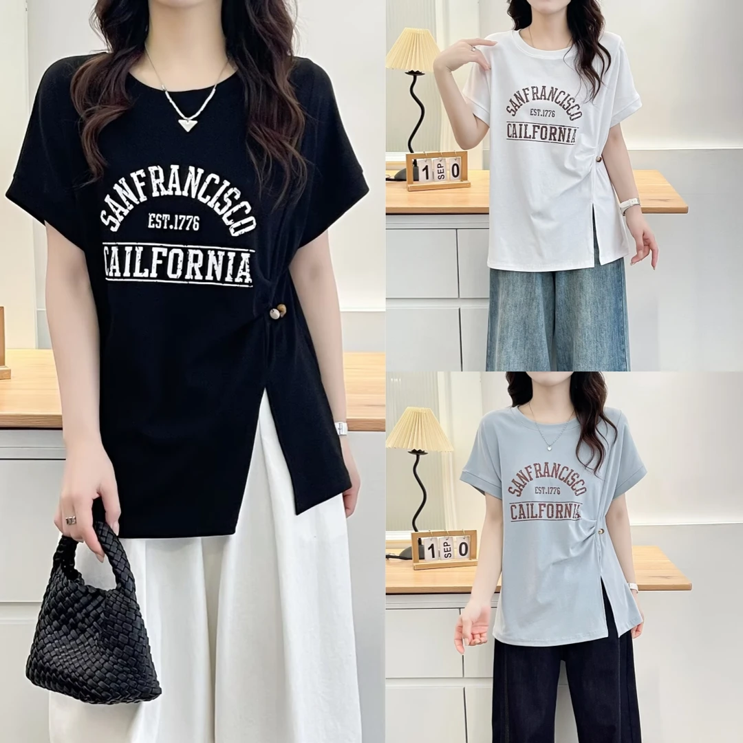大码夏季新款洋气上衣2025百搭显瘦设计感开叉圆领印花短袖t恤女