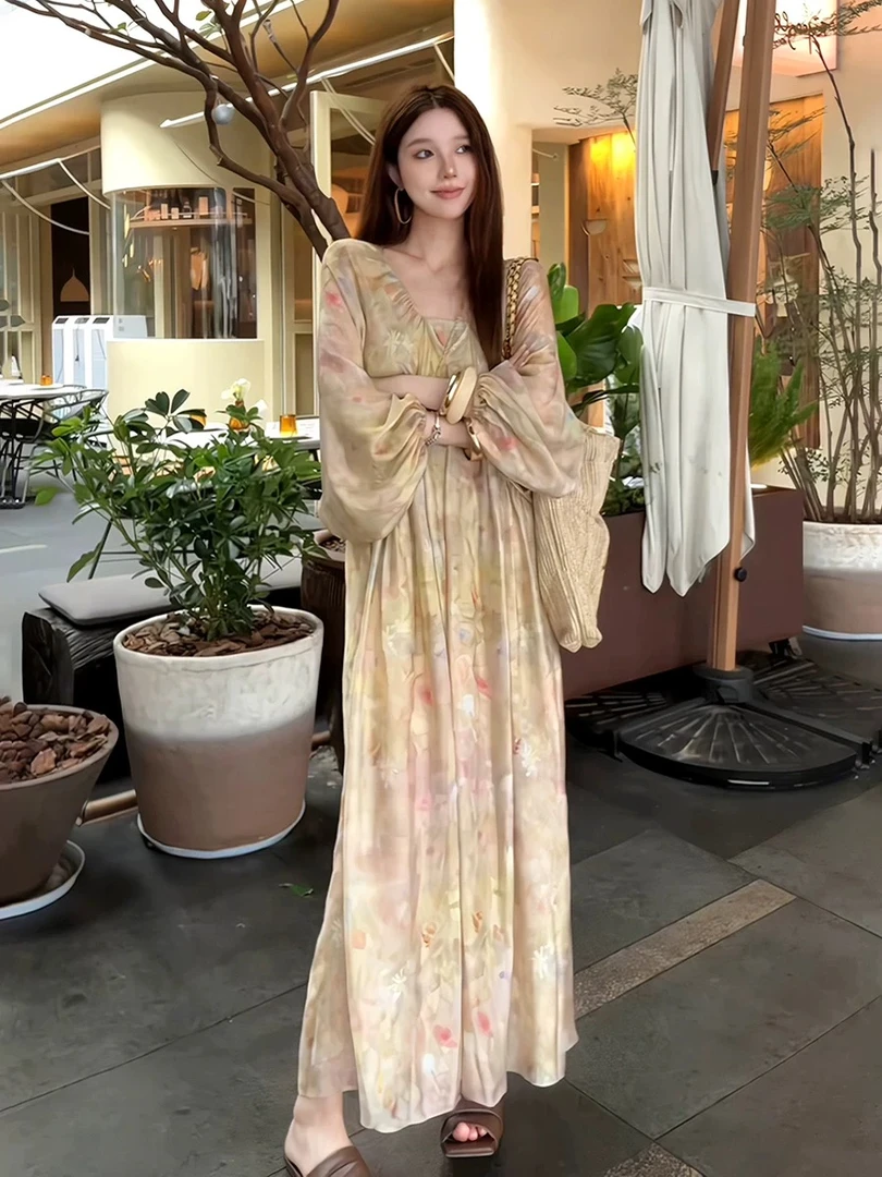 【流光】高级感休闲复古宽松长款V领蝙蝠袖连衣裙法式中袖A字长裙