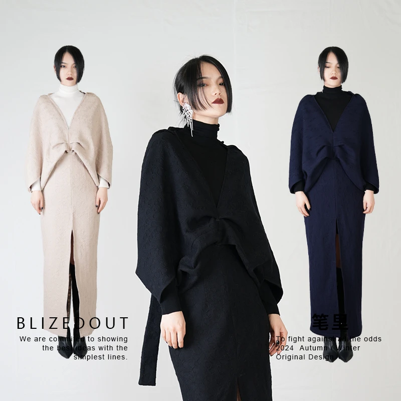 笔里【BLIZEDOUT】独立设计3122001黑蓝米白三色可选秋冬气质连衣裙
