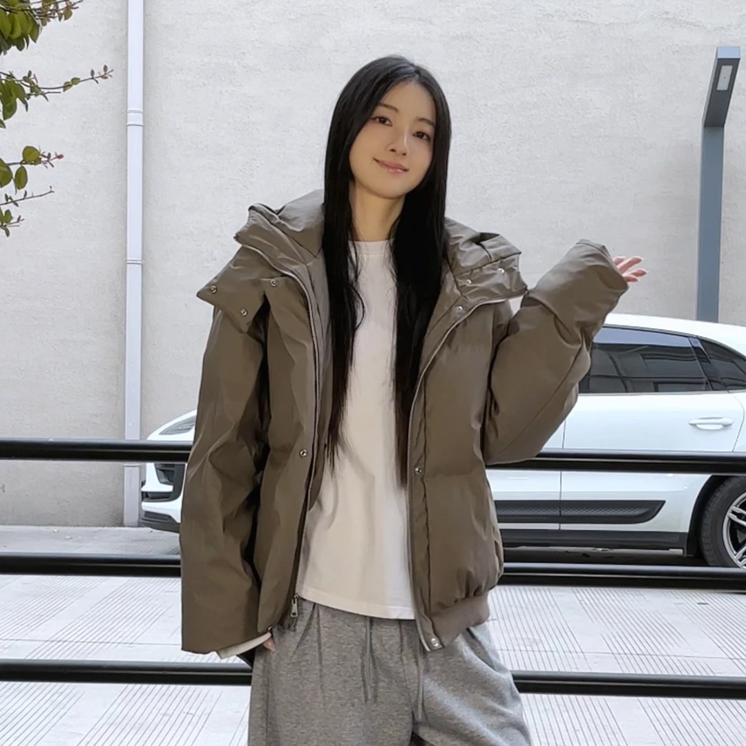 小ban 男女同款怀旧砂砾色男友风cleanfitpu皮面连帽面包服羽绒服