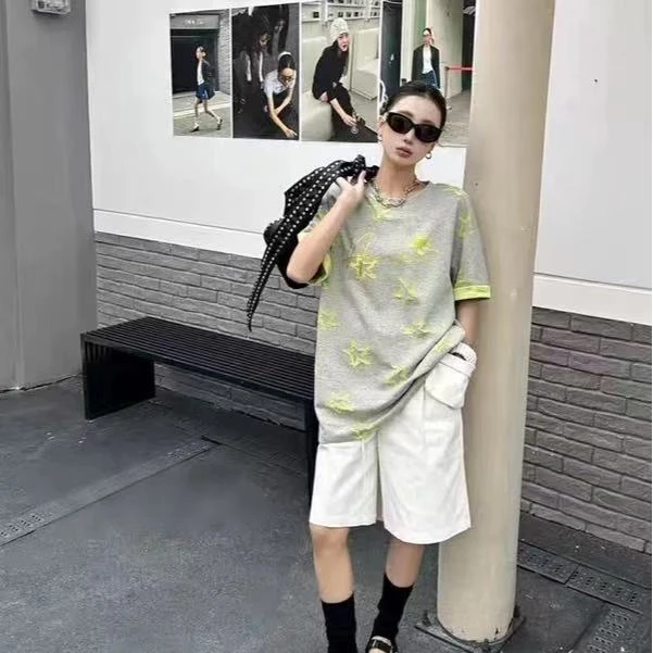 双色潮牌星星字母重工短袖T恤中长款宽松版