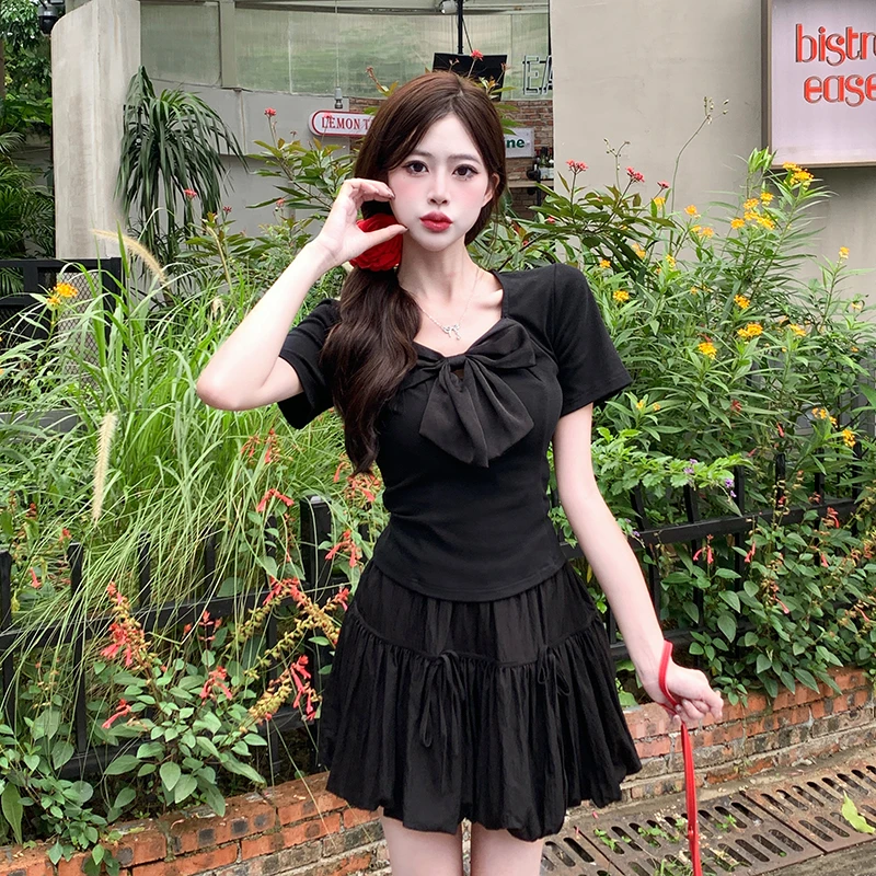 4034大码女装胖mm（单上衣）时尚百搭新款蝴蝶结u领短袖T恤上衣5655