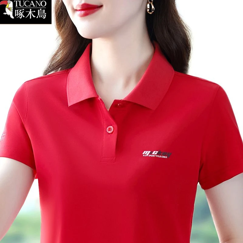 啄木鸟夏季气质POLO领短袖T恤女2025年新款韩版时尚减龄印花上衣