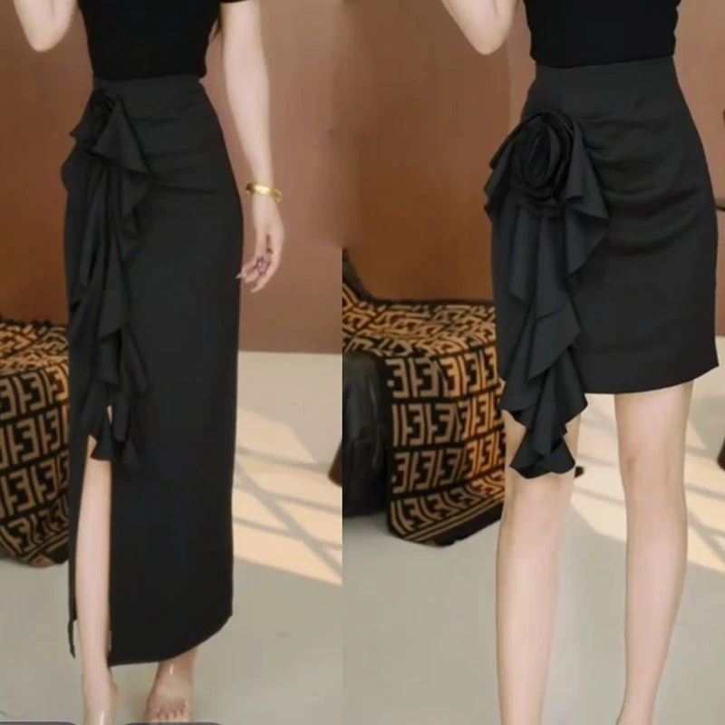 法式薄款开叉花朵半身裙后拉链裙子女2025夏季新款百搭半身裙外穿