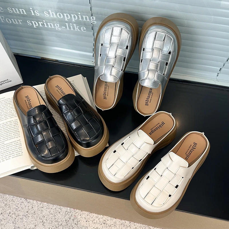 休闲妈妈包头罗马半拖鞋软底沙滩厚底女夏季透气外穿防滑一字女拖