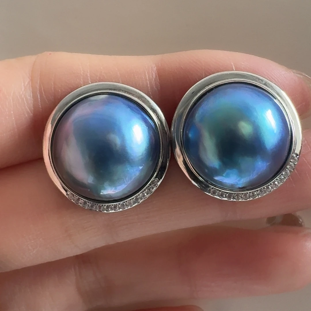 拼合珍珠（马贝珠）耳饰银S925镶嵌15+蓝