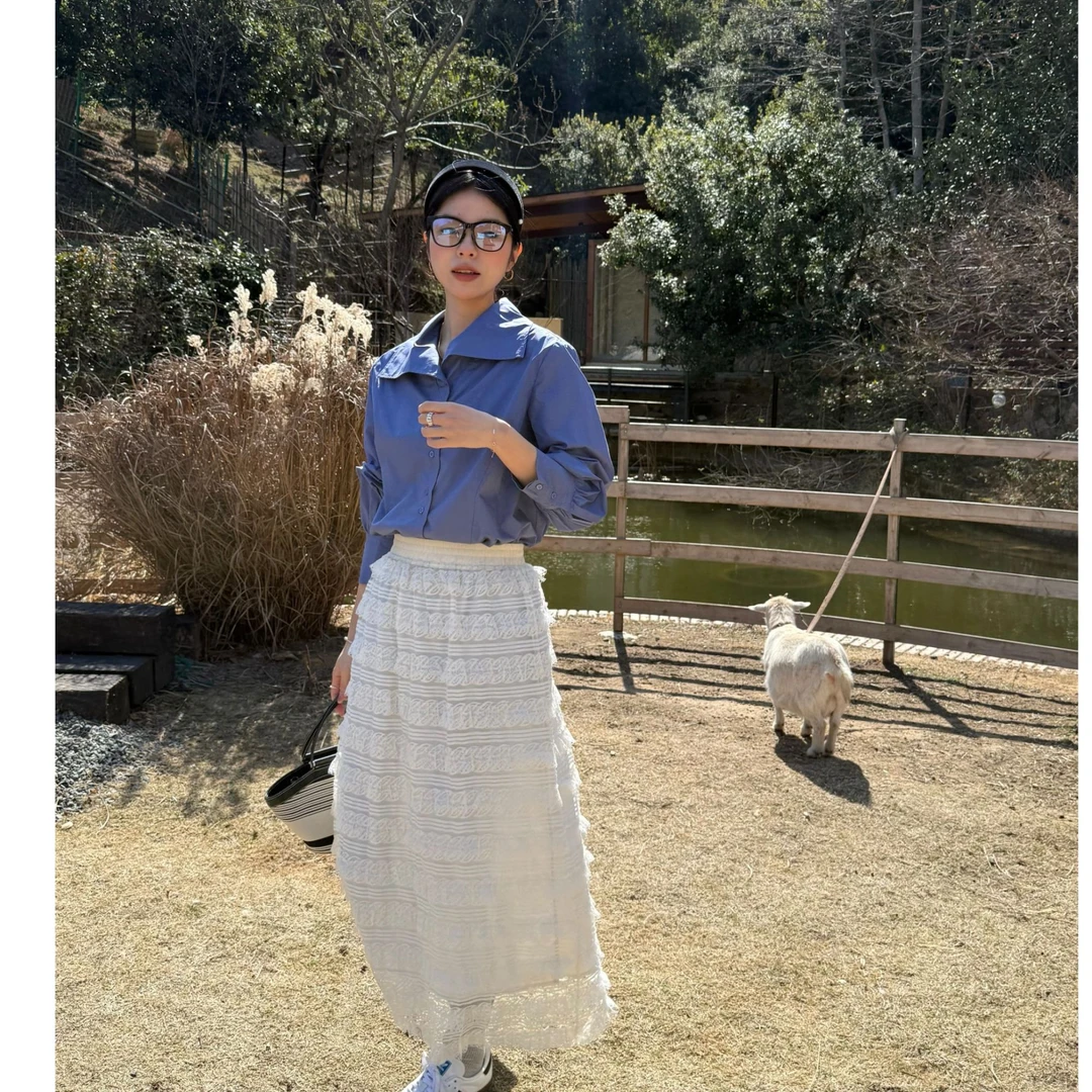 冰糖露露子2025夏季新款气质松紧腰精致显瘦长款蕾丝半身蛋糕裙