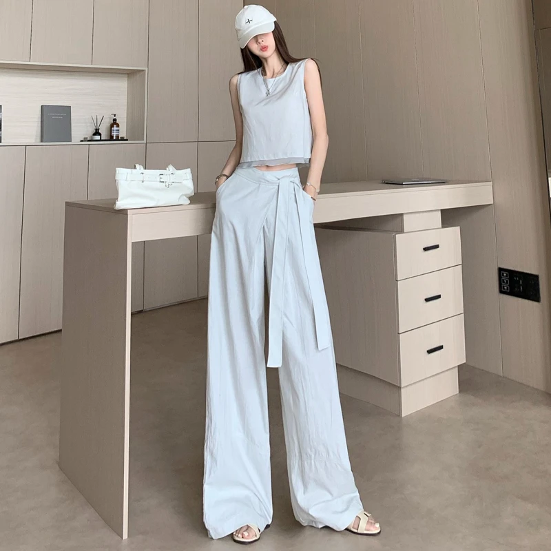 韩系高级感夏季休闲时尚套装女松弛感无袖上衣+高腰阔腿裤两件套