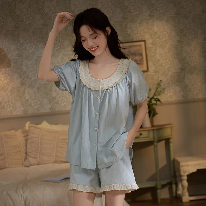 思莉太太睡衣女夏季薄款圆领碎花甜美短袖短裤夏天韩版家居服套装