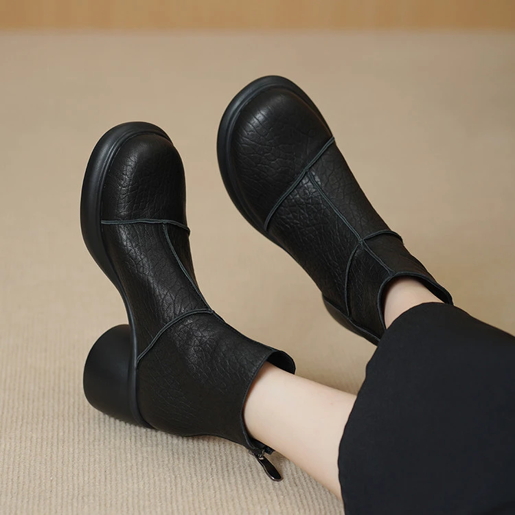 头层小羊皮~6.5cm粗跟高跟2025秋冬新款复古真皮百搭厚底短靴软皮