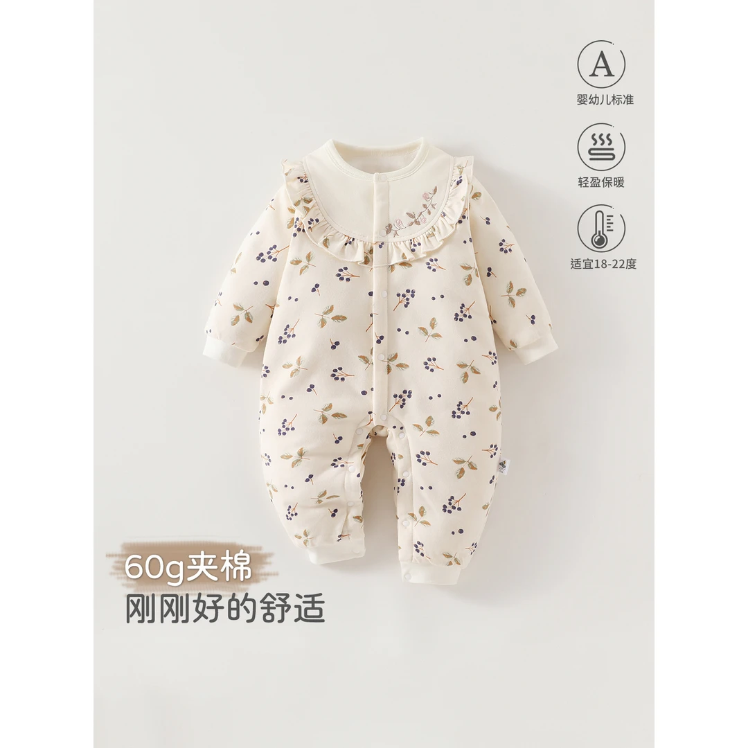 女宝宝连体衣夹棉秋冬季保暖娃娃领外出衣服甜美可爱婴儿哈衣爬服