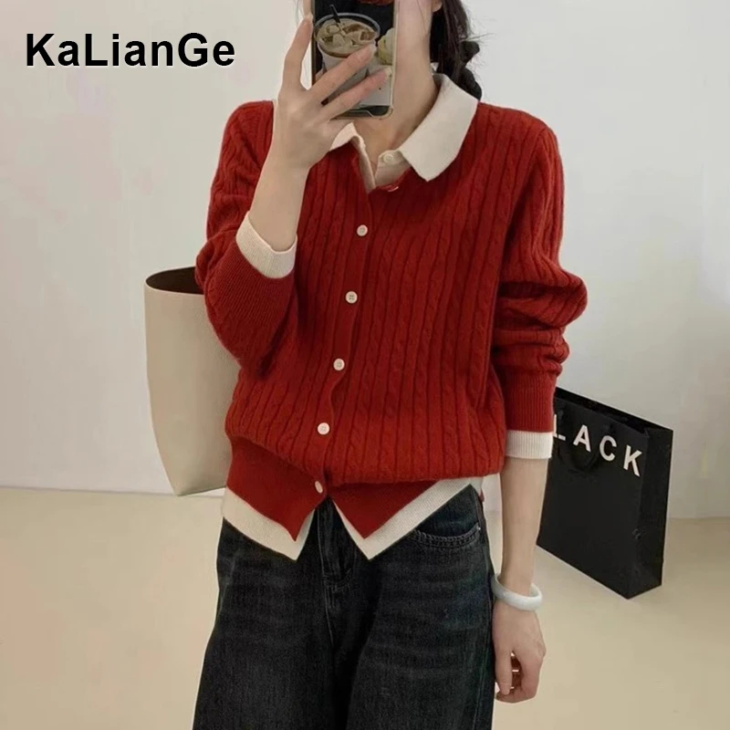 卡莲格/大码女装韩系假两件Polo领针织开衫秋季显瘦毛衣外套上衣