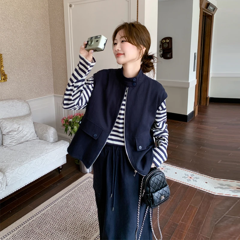 韩系慵懒风套装裙女2025早春新款松弛感条纹T恤马甲半身裙三件套