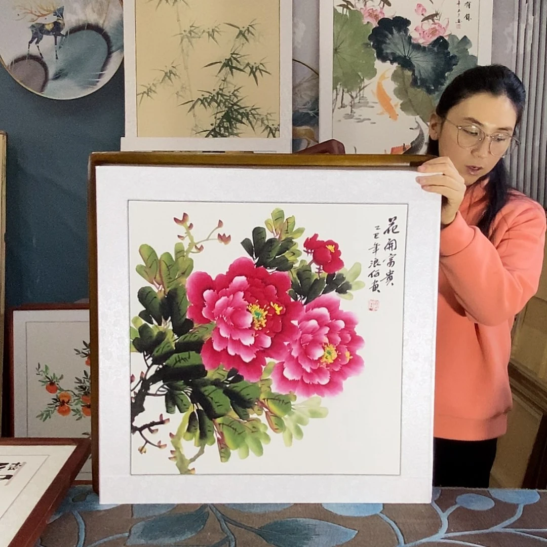 国画手写手绘带框包邮国画作品62✖️62